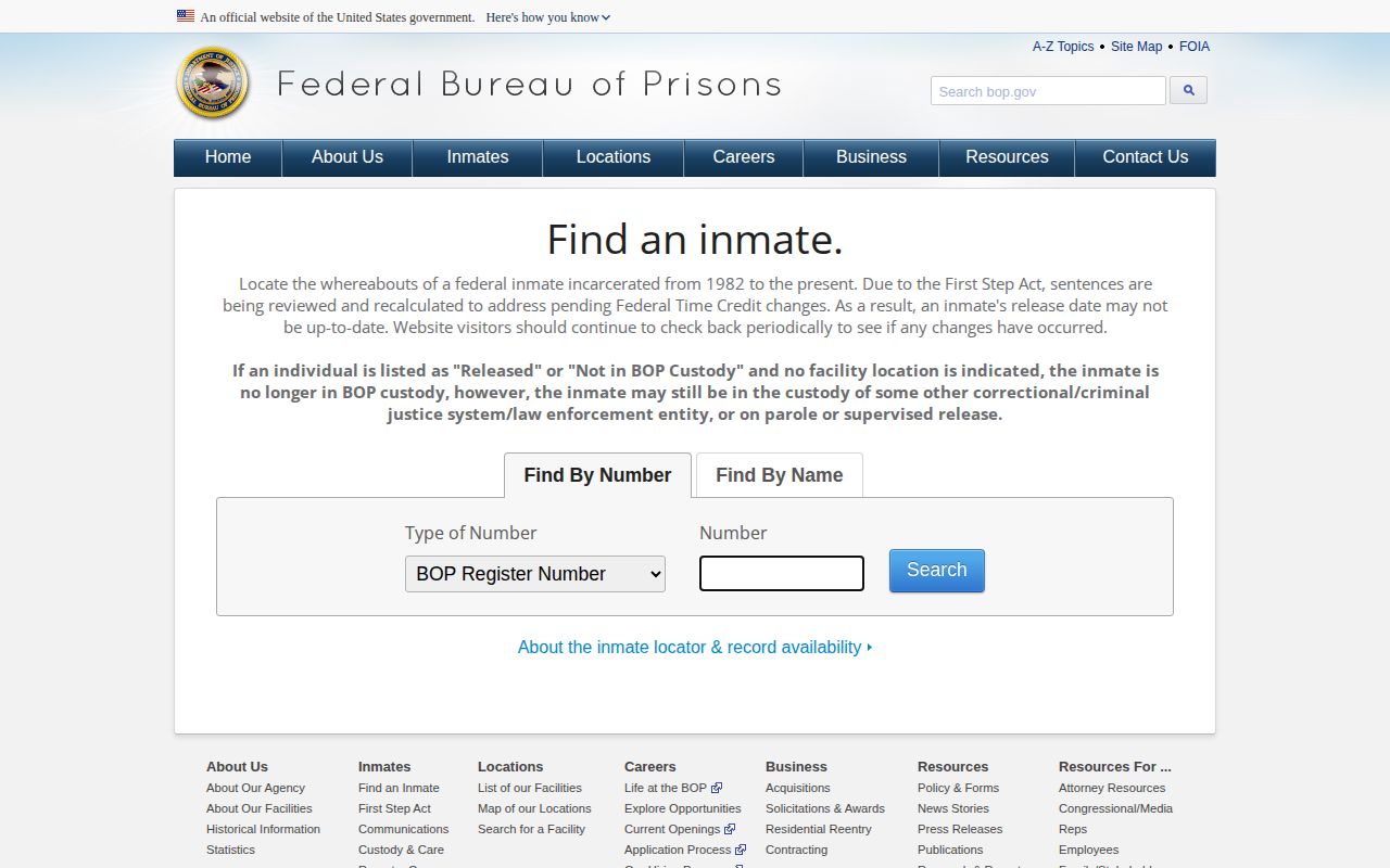 Federal Bureau of Prisons inmate locator for release confirmation