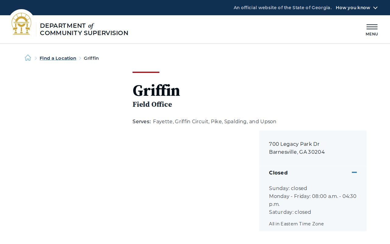 DCS Griffin field office serving Fayette County parole and probation records